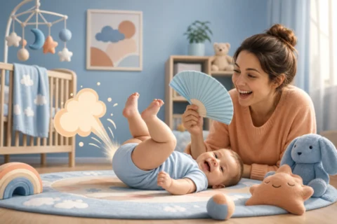 A smiling caregiver fans the air while a baby in a blue onesie rolls on a nursery mat next to a cartoon puff of air.