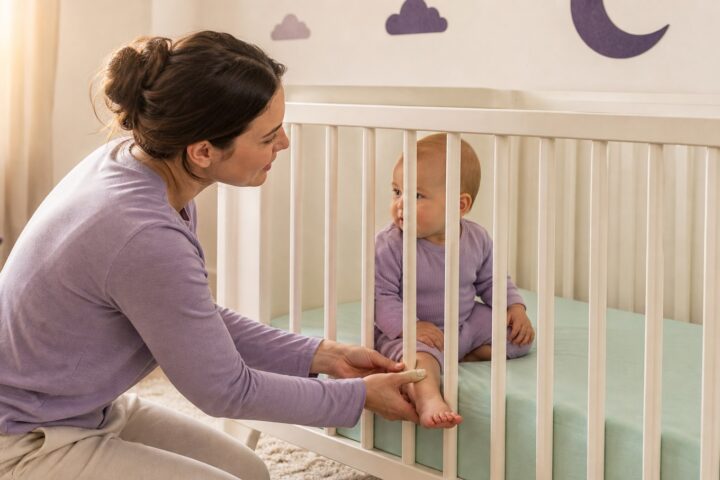 A parent gently guides the foot of a calm awake baby back through the rails of a bare crib.