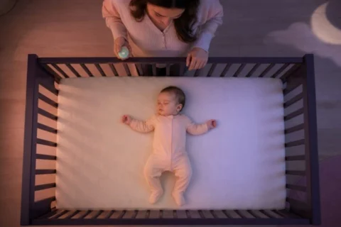 A mother calmly observes a sleeping baby in a bare crib under warm peach and cool lavender light.