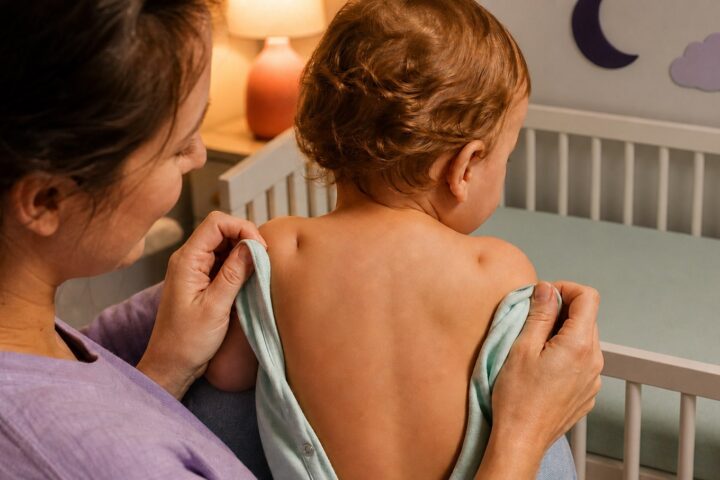 A parent gently dresses a calm baby whose upper back shows two small symmetrical shoulder dimples.