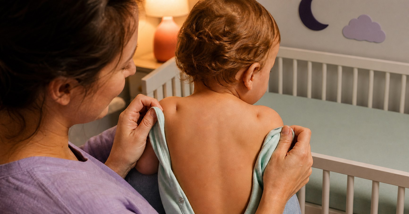 A parent gently dresses a calm baby whose upper back shows two small symmetrical shoulder dimples.