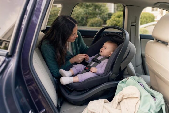 Parent reassuring a mildly fussy baby secured in a rear-facing car seat inside a parked car
