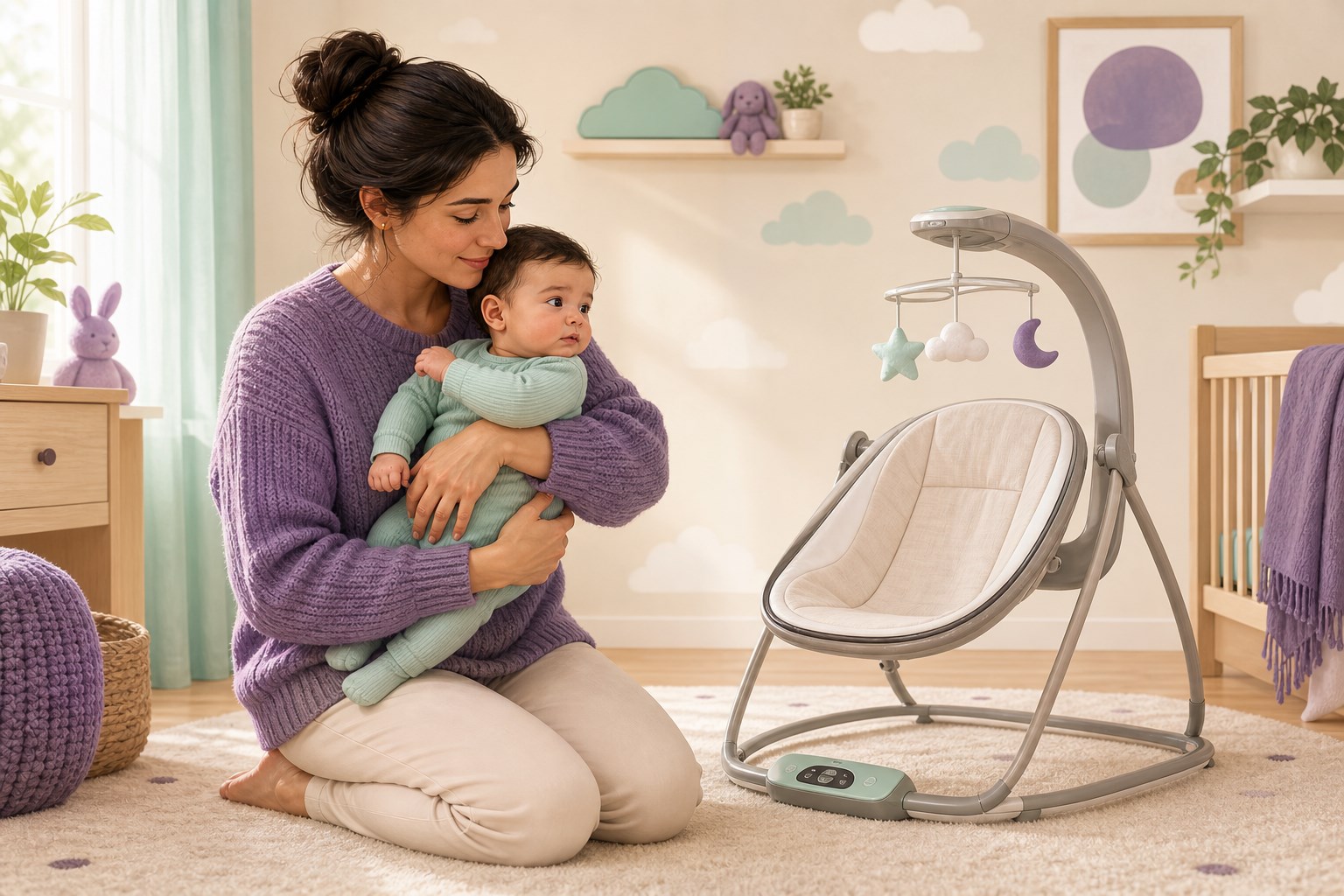 Mother holds her awake baby beside an empty infant swing in a warm lavender and mint nursery.