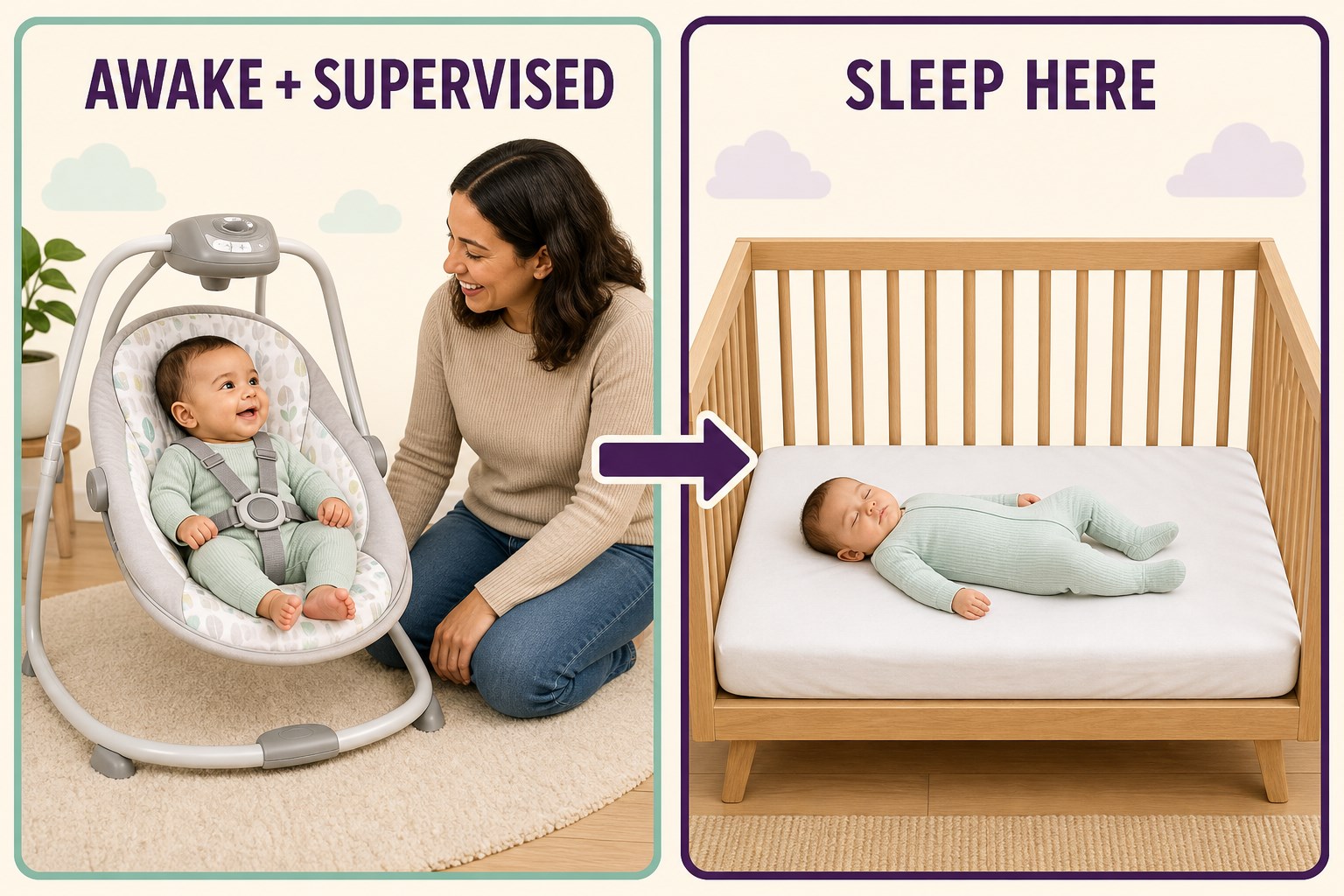 Side-by-side scene shows an awake supervised baby in a swing and a baby sleeping on their back in a bare crib.