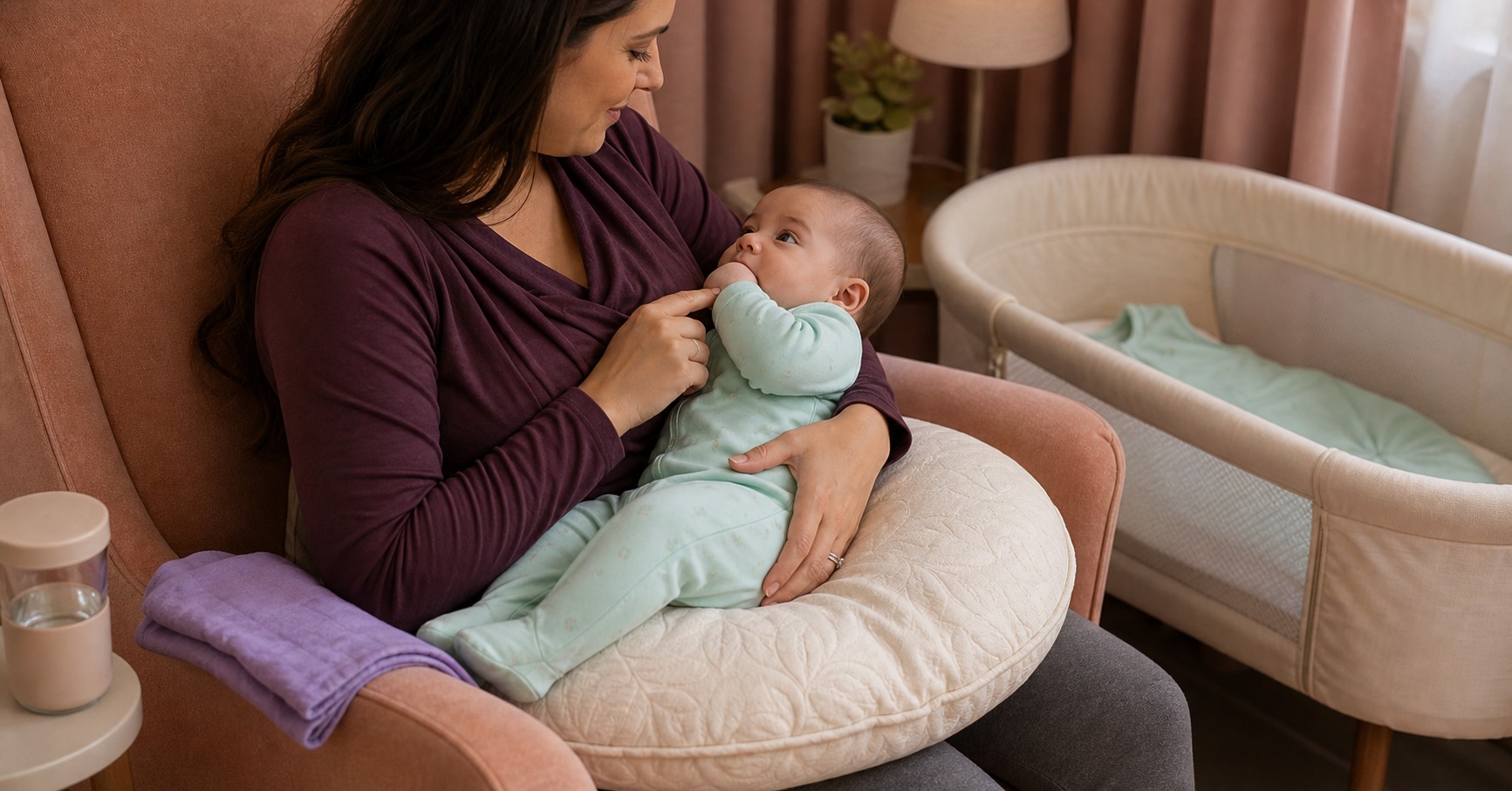 A fully clothed parent holds a baby on a cream nursing pillow as the baby turns toward the covered chest with a hand near the mouth.