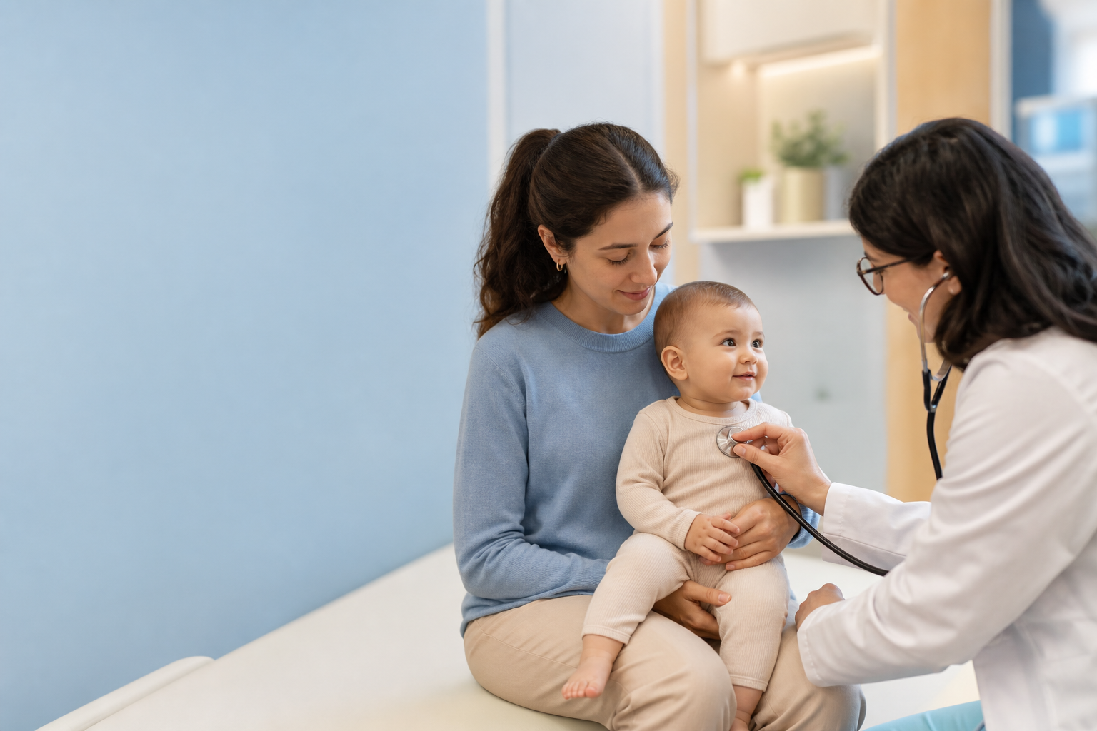 Pediatrician listening to a baby with a stethoscope in a bright clinic