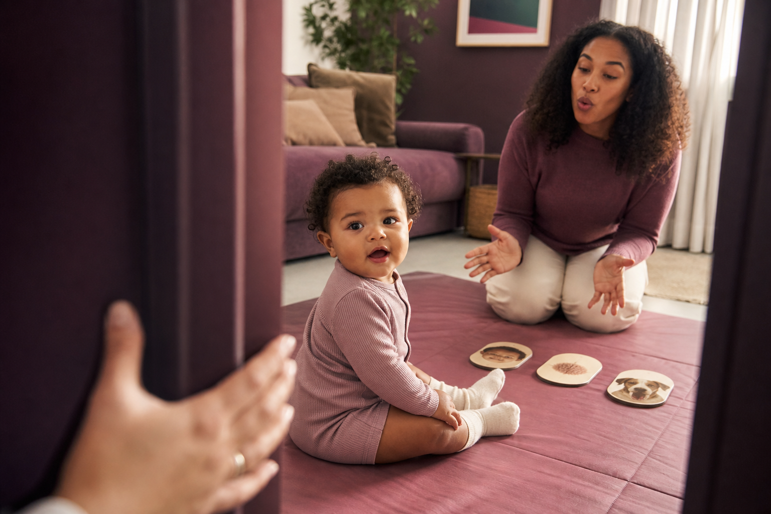 Seated baby watches as mother models sounds in a sunlit family room.