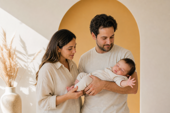 Two caregivers cradle a sleeping baby with one hand outstretched.