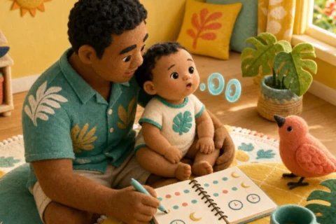 A father holds his alert baby as aqua sound rings float by the baby's mouth and he tracks a pattern in a notebook.