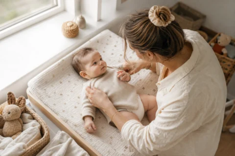 Caregiver leaning over a baby on a changing table in a bright nursery with soft toys nearby.