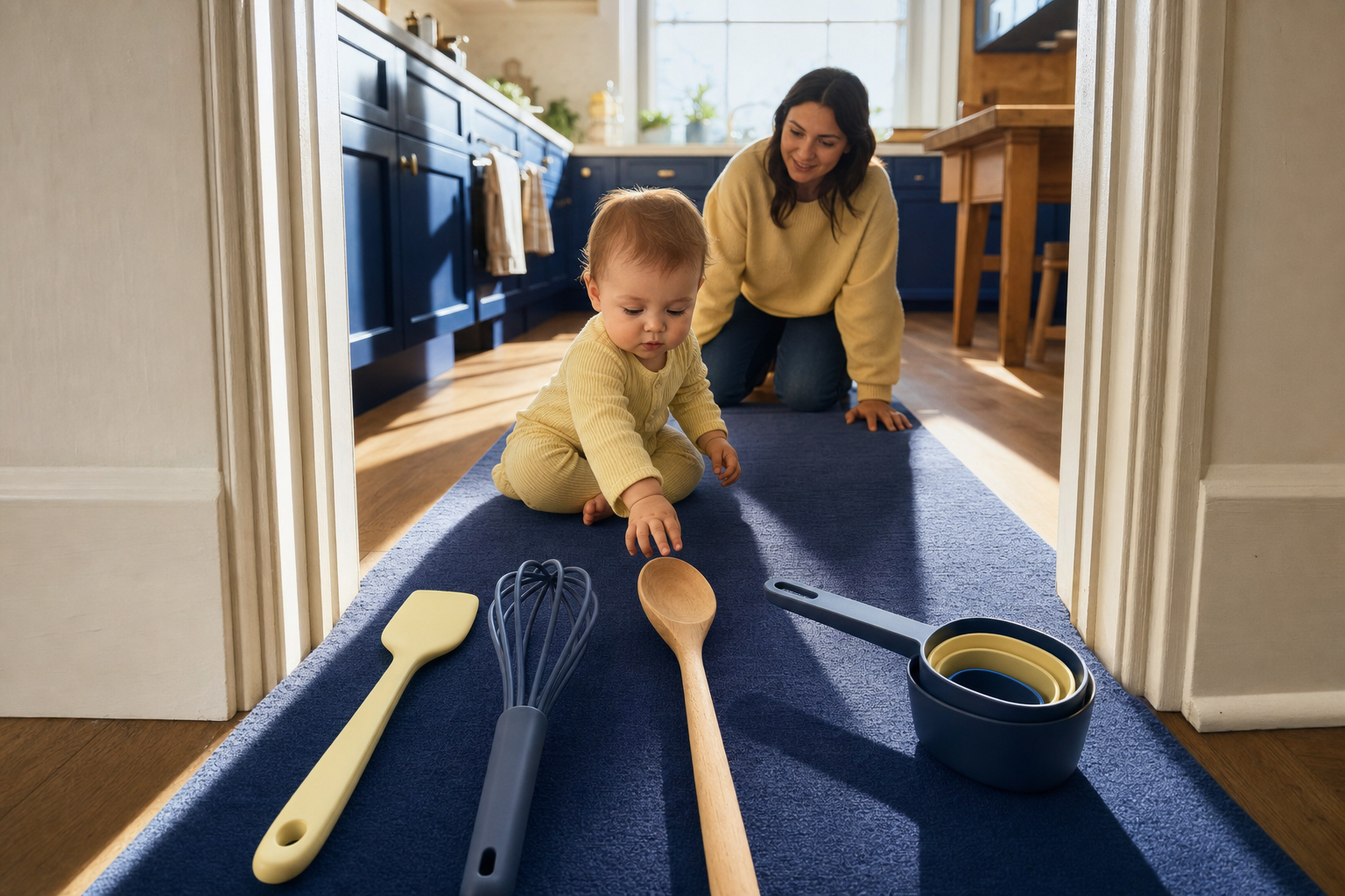 Baby reaching toward kitchen utensils laid out on a blue rug while a caregiver kneels behind