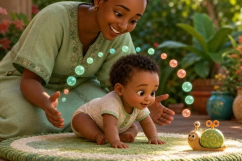 A baby leans forward with both palms on a play mat as their mother keeps her hands nearby and a wind-up snail glows ahead.