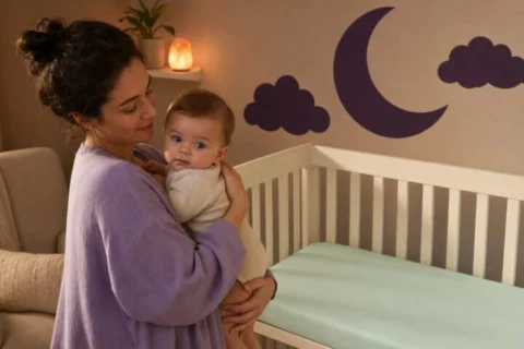 A caregiver gently holds a sleepy baby with the face fully uncovered beside a completely bare crib.