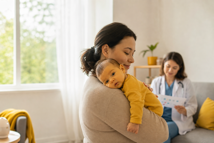 Baby with a subtle yellow tint being checked near a bright window