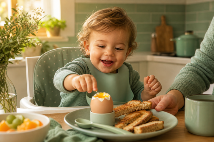 A smiling baby in a high chair reaching for a soft-boiled egg and toast at a mint-green breakfast table.