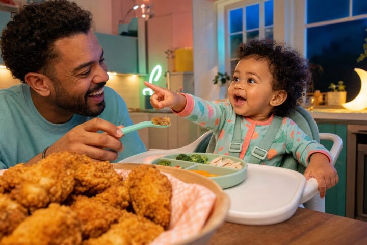 Smiling toddler in pajamas points toward fried chicken as their father offers a small bite at the kitchen table.
