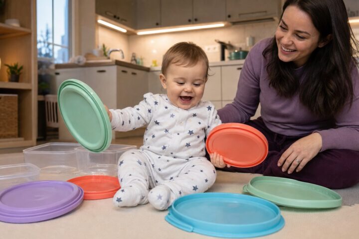 Smiling baby in star pajamas plays with oversized food-container lids on a kitchen mat while a caregiver watches.