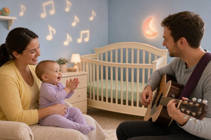 A delighted baby claps on the lap of the mother while the father gently strums an acoustic guitar beside a bare crib.