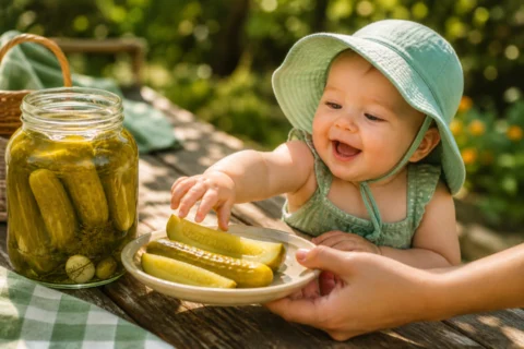 A baby in a mint sunhat reaching for pickle spears beside an open jar at an outdoor picnic table.