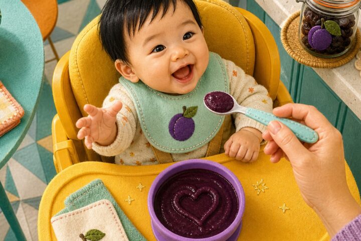 A smiling baby in a yellow high chair reaches for a spoonful of smooth prune puree beside a purple suction bowl.