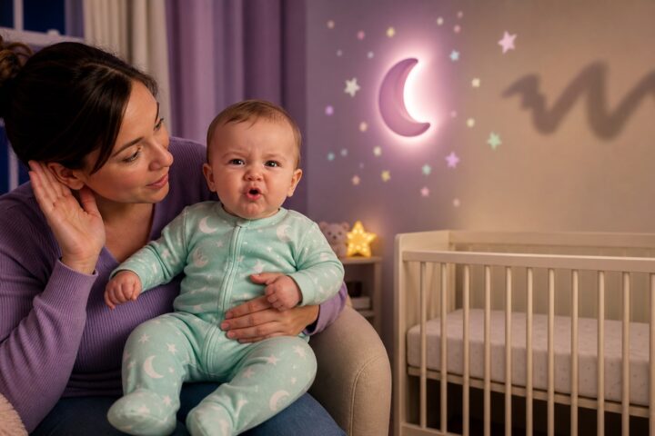 Baby making a funny growling expression on a parent lap beside a bare crib and glowing crescent night-light