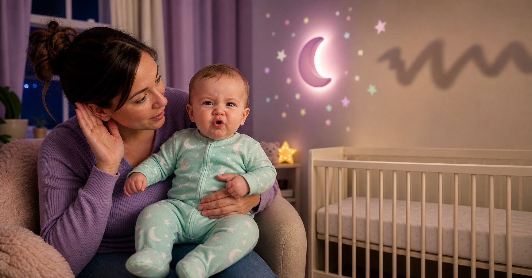 Baby making a funny growling expression on a parent lap beside a bare crib and glowing crescent night-light