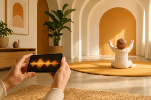 Caregiver records a seated baby's vocal sounds in a sunlit room