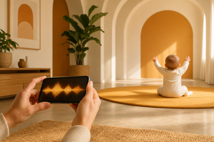 Caregiver records a seated baby's vocal sounds in a sunlit room