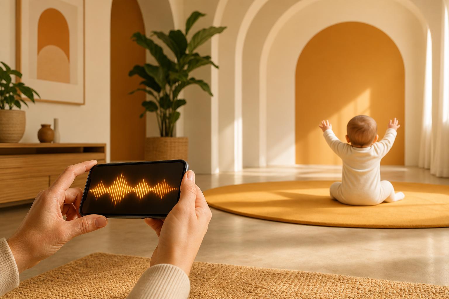 Caregiver records a seated baby's vocal sounds in a sunlit room
