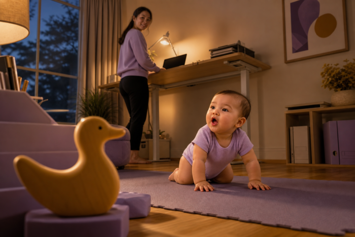 Curious baby vocalizes on a lavender mat as her mother listens nearby
