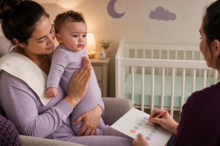 A parent holds a calm clean baby upright while another caregiver records a simple bedtime pattern on a blank card.
