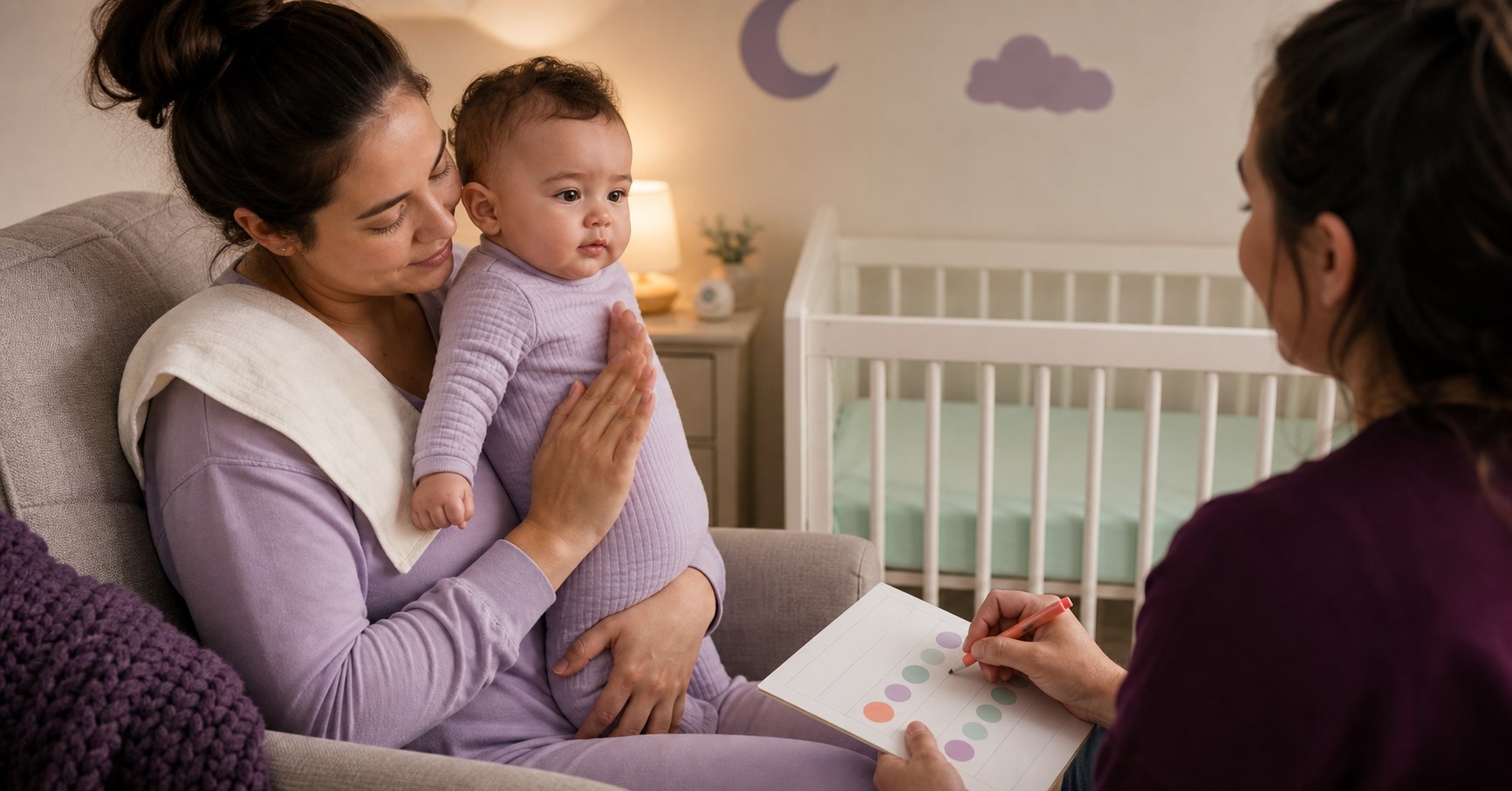 A parent holds a calm clean baby upright while another caregiver records a simple bedtime pattern on a blank card.