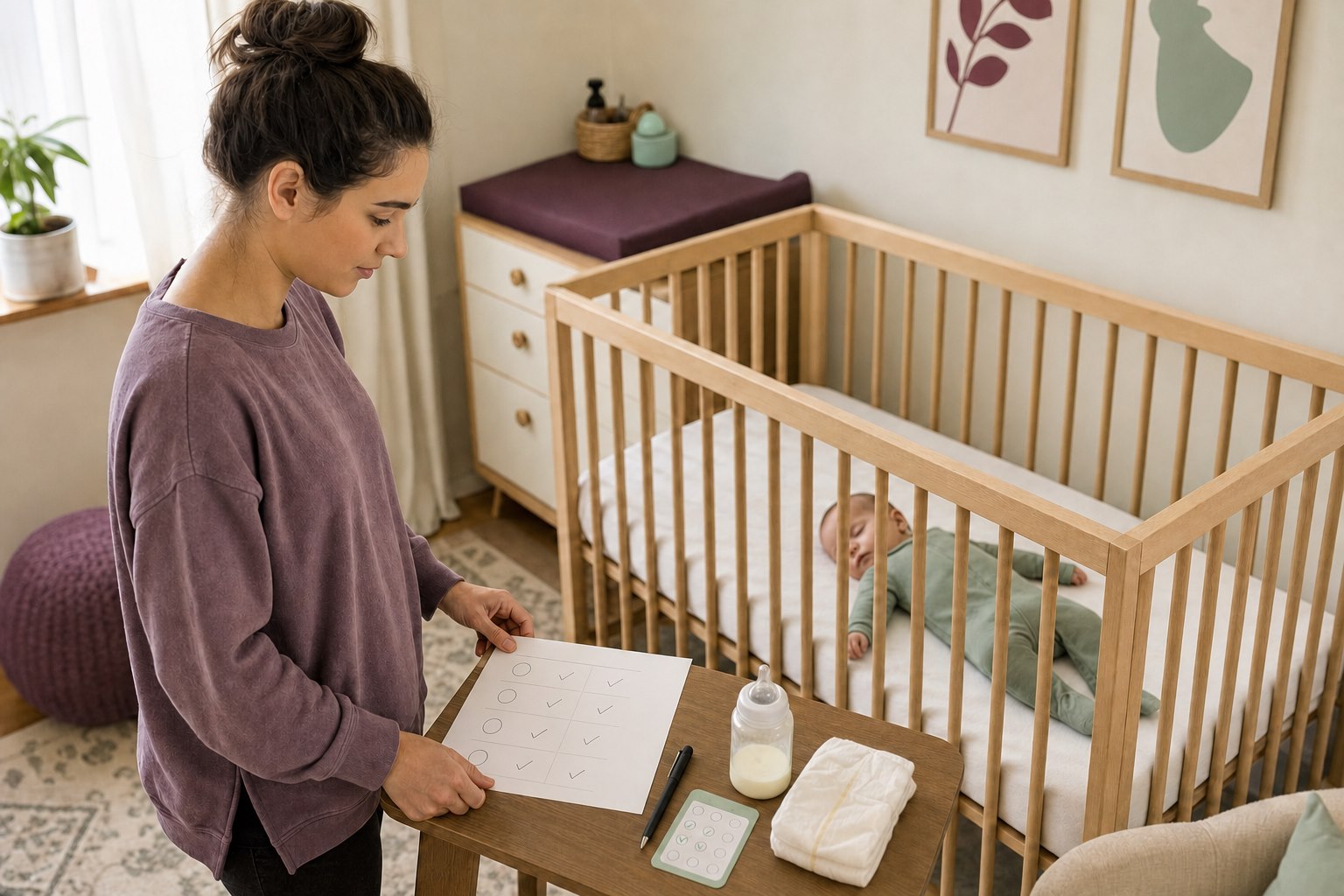 Mother checks a simple sleep, feeding and diaper log beside her baby sleeping safely on their back in an empty crib.