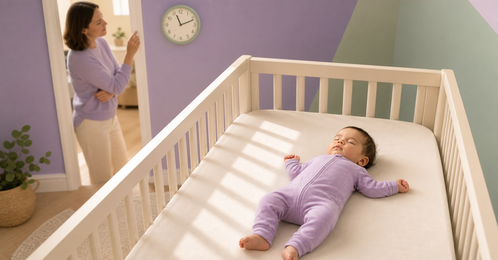 Baby napping safely in a bare crib while a caregiver quietly checks the clock during daylight