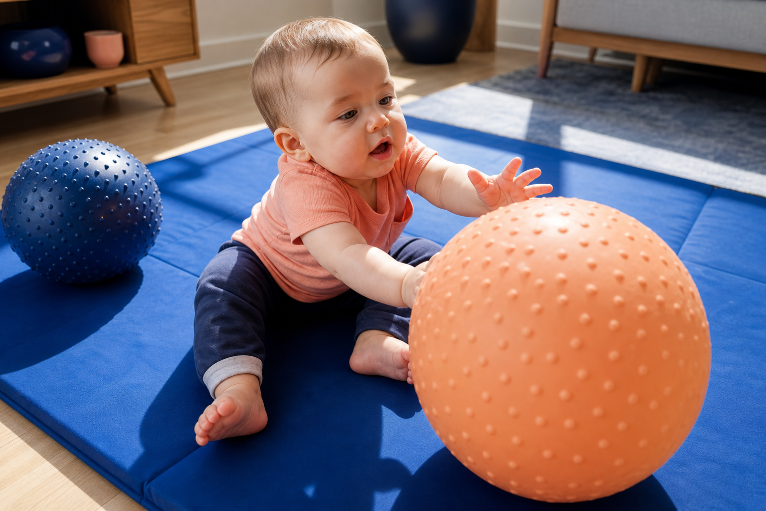 Baby reaching toward a large peach sensory ball on a blue family-room play mat