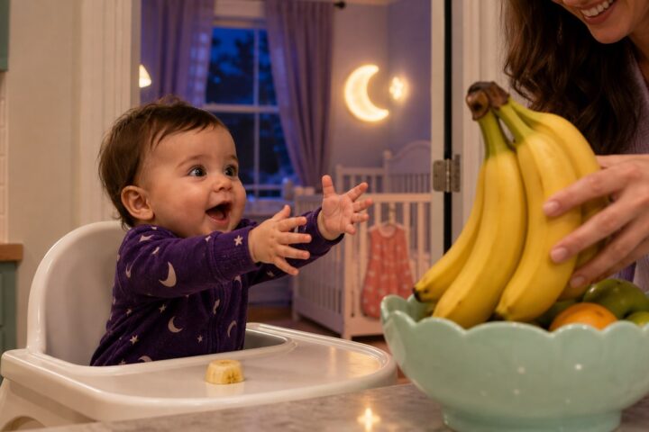 Excited baby reaching toward a bunch of bananas as a parent places them in a mint bowl with the nursery visible behind