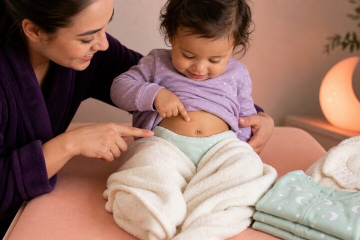 A smiling baby in a lavender top points to the own belly button while seated on a peach changing mat with a caregiver.