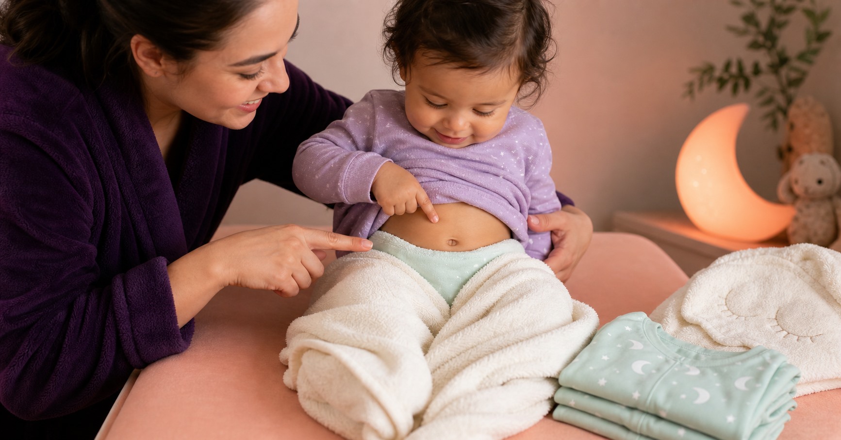 A smiling baby in a lavender top points to the own belly button while seated on a peach changing mat with a caregiver.