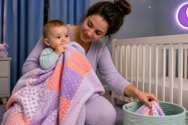 Awake baby cuddling a lavender and coral blanket on a parent lap as the parent places it in a basket beside a bare crib