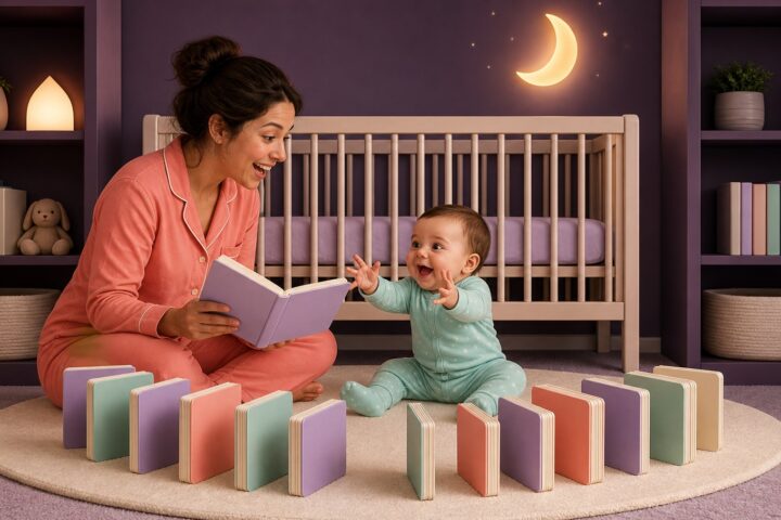 Excited baby reaching for another board book during bedtime reading beside a bare crib