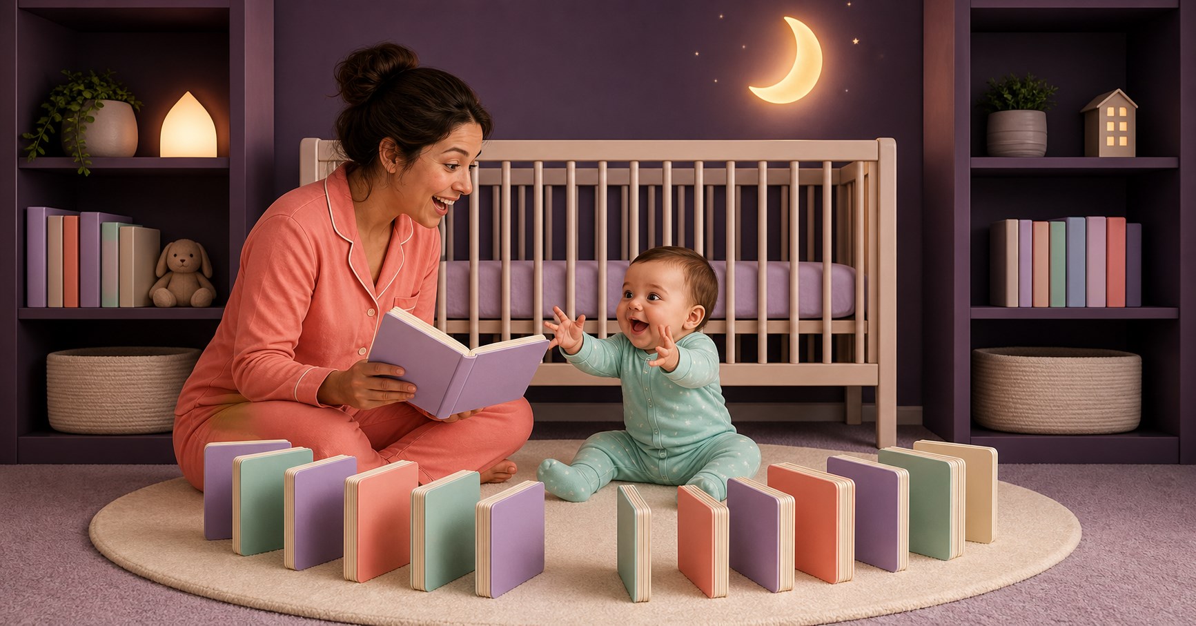 Excited baby reaching for another board book during bedtime reading beside a bare crib