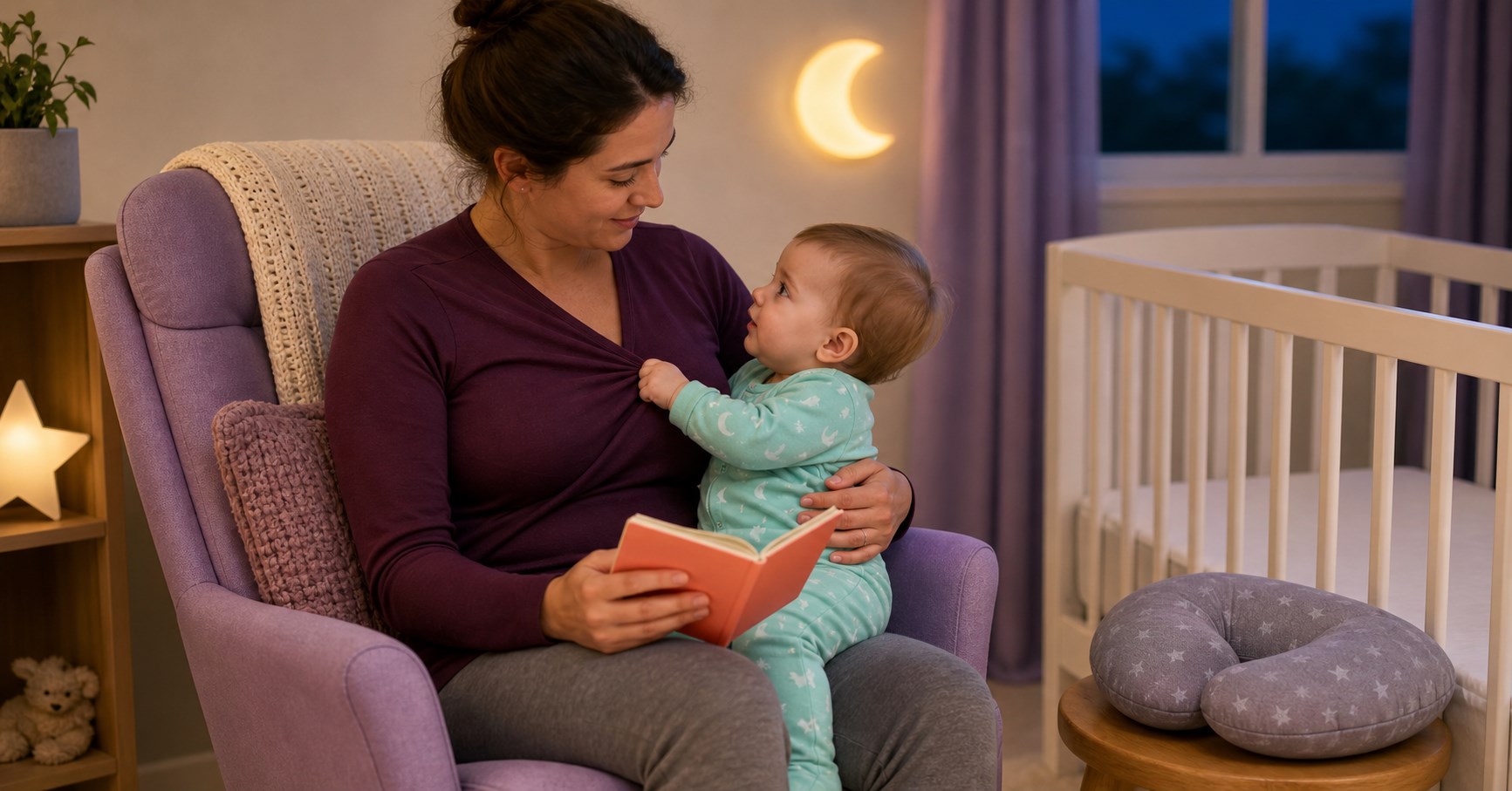 Baby gently tugging a fully clothed parent wrap top during a bedtime cuddle beside a bare crib