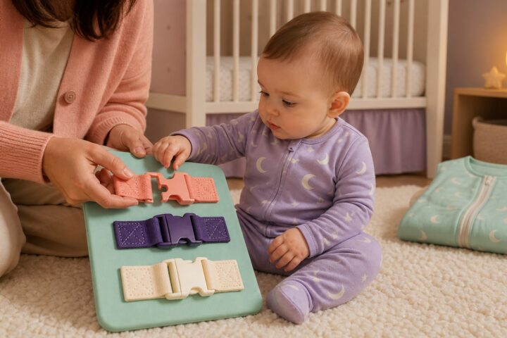 A baby in lavender moon pajamas touches a coral buckle on a mint board with three oversized child-safe buckles.