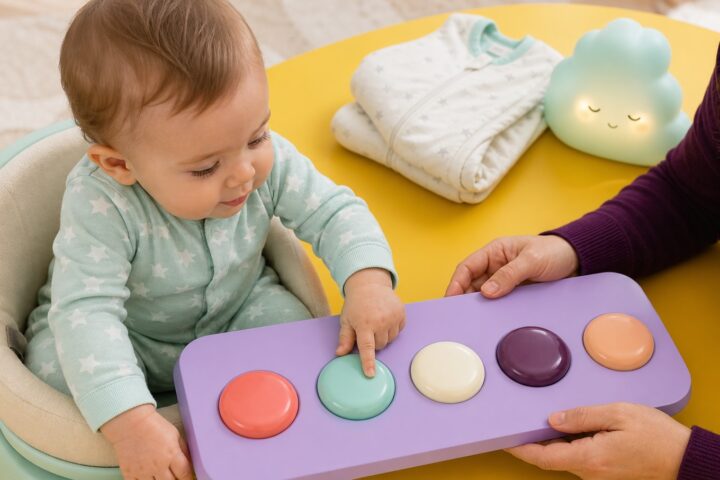 A baby in mint star pajamas presses one of five oversized fixed pastel buttons on a lavender sensory panel.