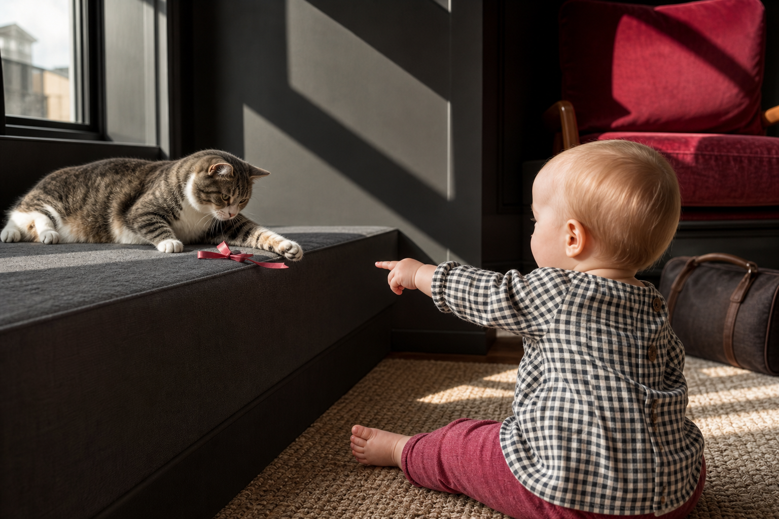 Seated baby points toward a tabby cat playing with a ribbon in a sunny hotel room