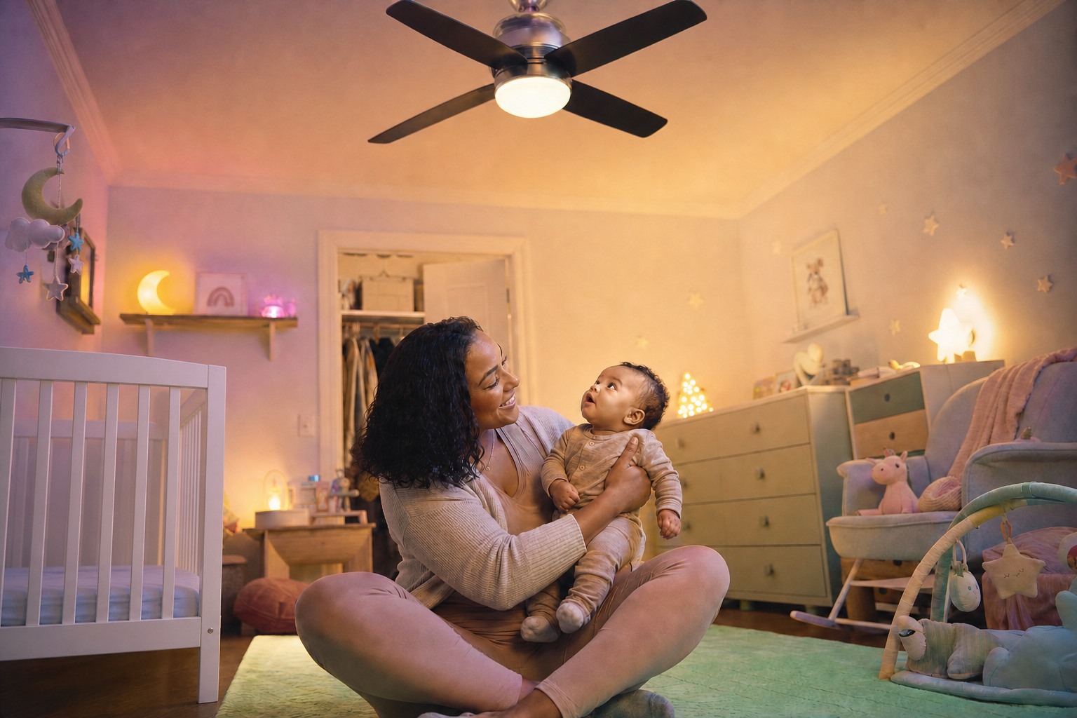 Mother securely holds her awake baby as the baby looks back from a ceiling fan toward her face.
