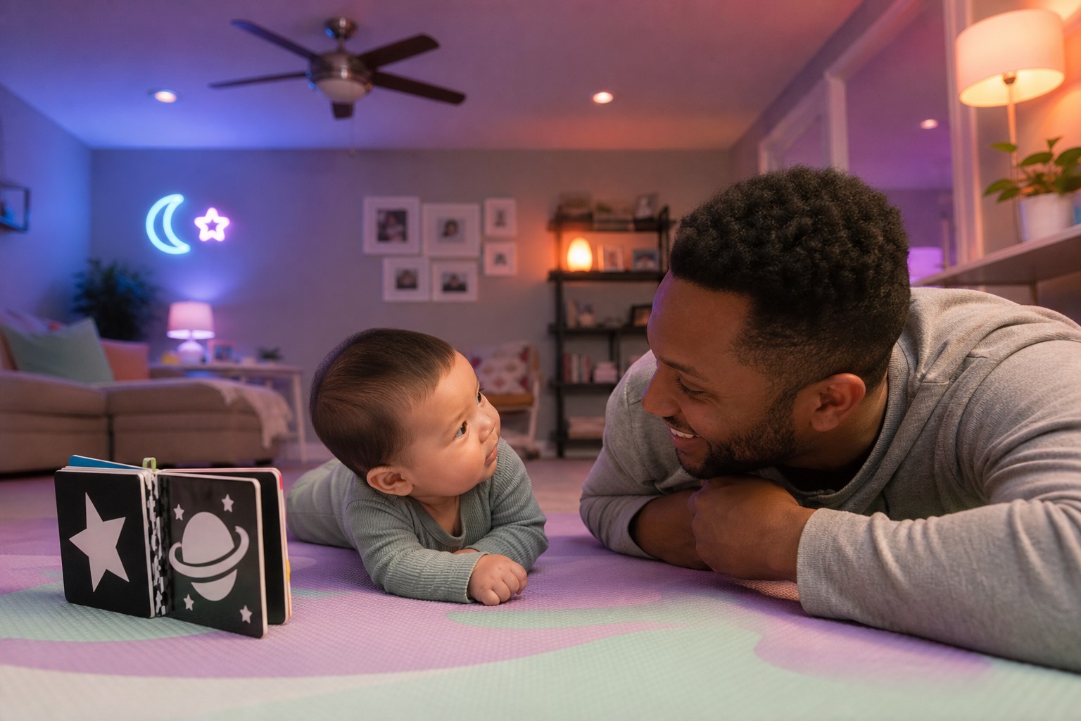 Father shares a high-contrast board book with his awake baby during tummy time beneath a secure ceiling fan.