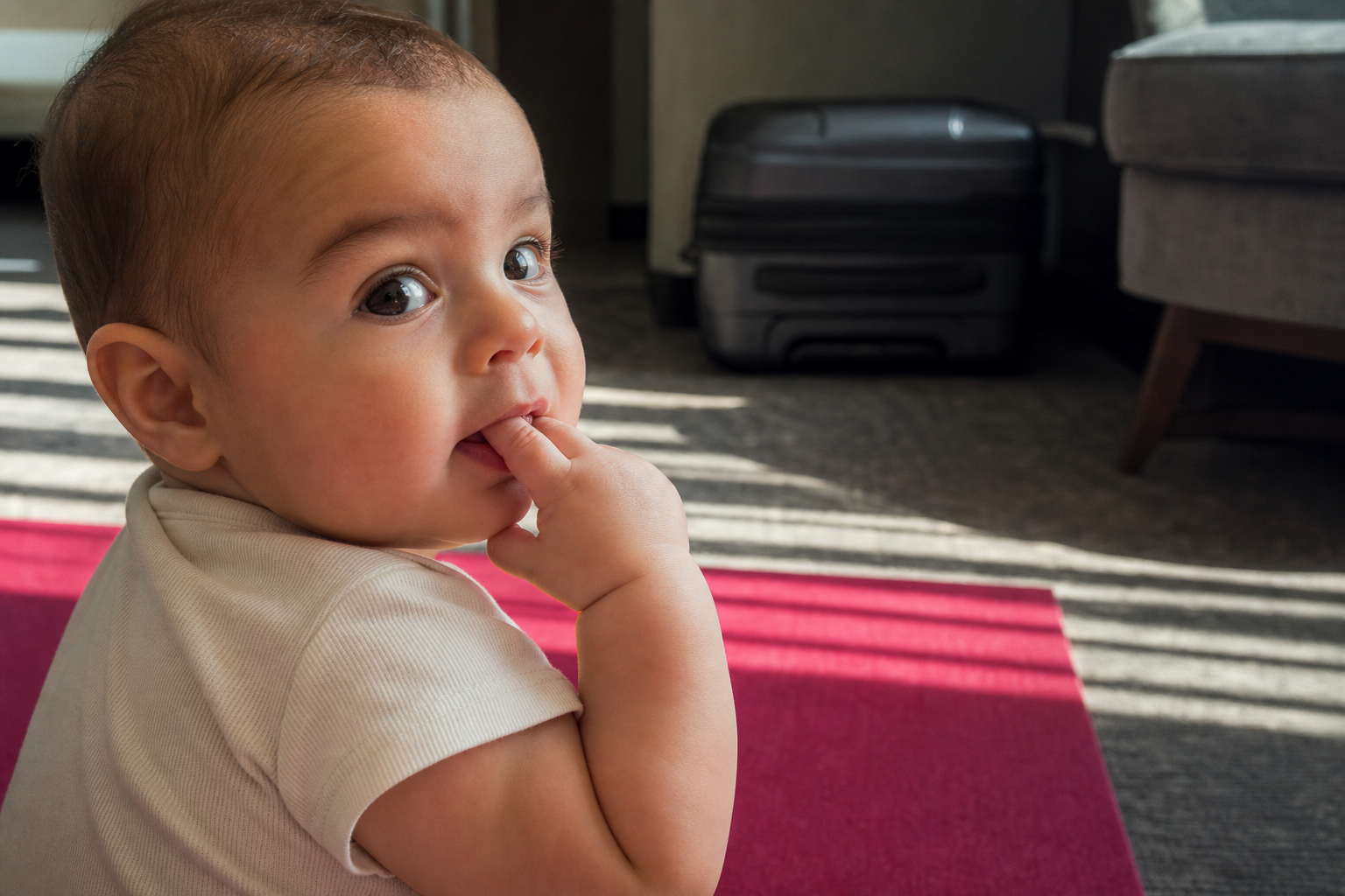 Baby gently chewing two fingers on a hotel room play mat