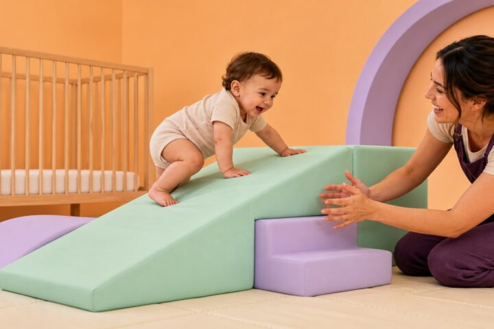 Baby climbing a low mint foam ramp while caregiver spots closely beside a bare crib