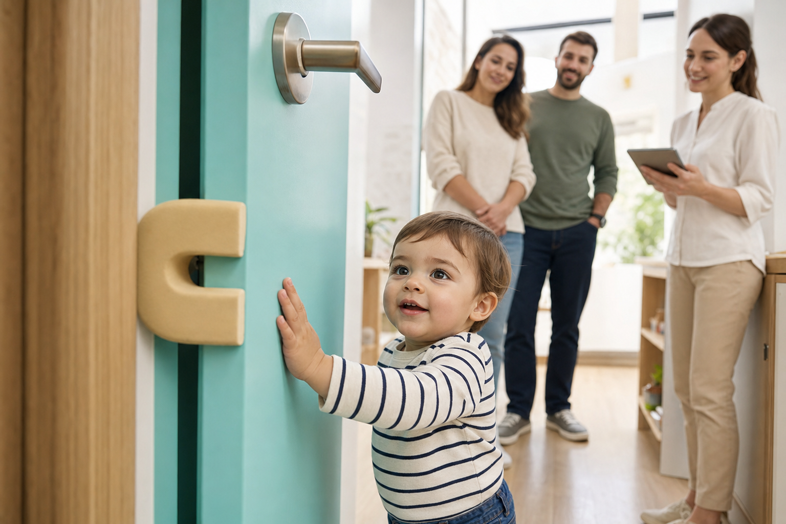 Toddler presses a turquoise door as two caregivers and a clinician watch